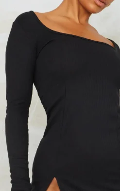 Black Rib Split Hem Square Neck Long Sleeve Bodycon Dress