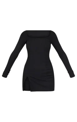 Black Rib Split Hem Square Neck Long Sleeve Bodycon Dress
