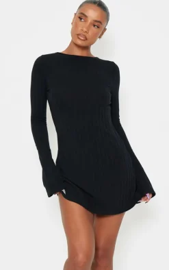 Black Rib Tie Cut Out Back Shift Dress