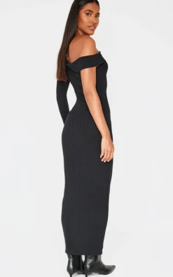 Black Ribbed Asymmetric Maxi Dress