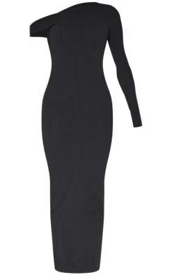 Black Ribbed Asymmetric Maxi Dress