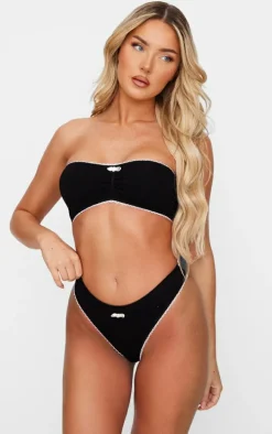 Black Ribbed Bandeau Bra And Thong Lingerie Set
