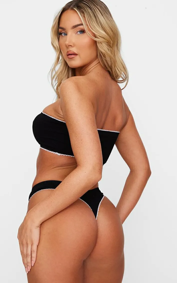 Black Ribbed Bandeau Bra And Thong Lingerie Set