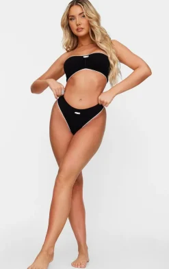 Black Ribbed Bandeau Bra And Thong Lingerie Set