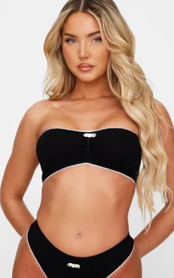 Black Ribbed Bandeau Bra And Thong Lingerie Set