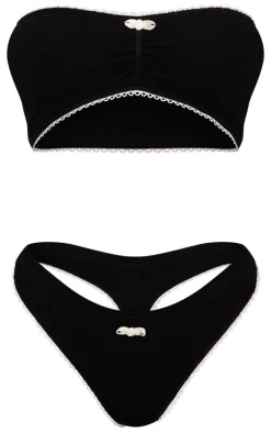 Black Ribbed Bandeau Bra And Thong Lingerie Set