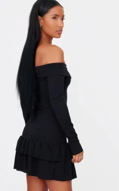 Black Ribbed Bardot Cross Over Bust Detail Shift Dress