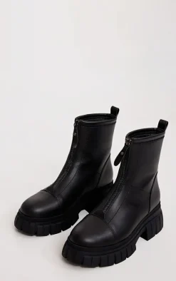 Black Ribbed Chunky Sole Zip Up Ankle Boots