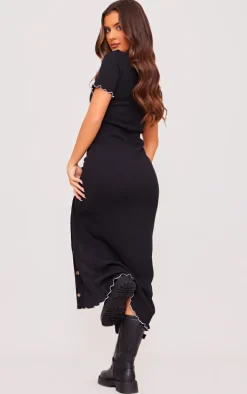 Black Ribbed Contrast Lettuce Hem Maxi Dress