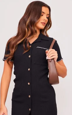 Black Ribbed Contrast Lettuce Hem Maxi Dress