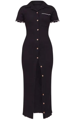 Black Ribbed Contrast Lettuce Hem Maxi Dress