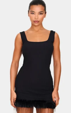 Black Ribbed Feather Hem Bodycon Dress