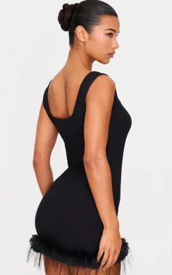 Black Ribbed Feather Hem Bodycon Dress
