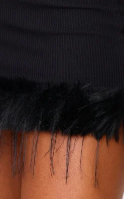 Black Ribbed Feather Hem Bodycon Dress