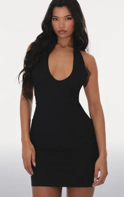Black Ribbed Halterneck Tie Back Bodycon Dress