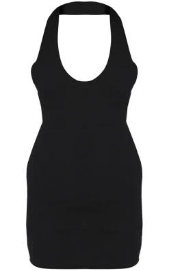 Black Ribbed Halterneck Tie Back Bodycon Dress