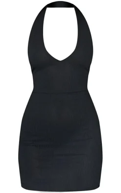 Black Ribbed Halterneck Tie Back Bodycon Dress