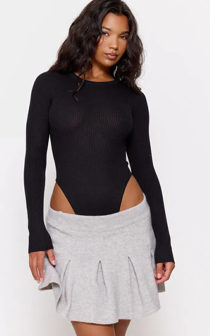 Black Ribbed Knit Long Sleeve Bodysuit