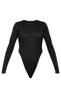 Black Ribbed Knit Long Sleeve Bodysuit