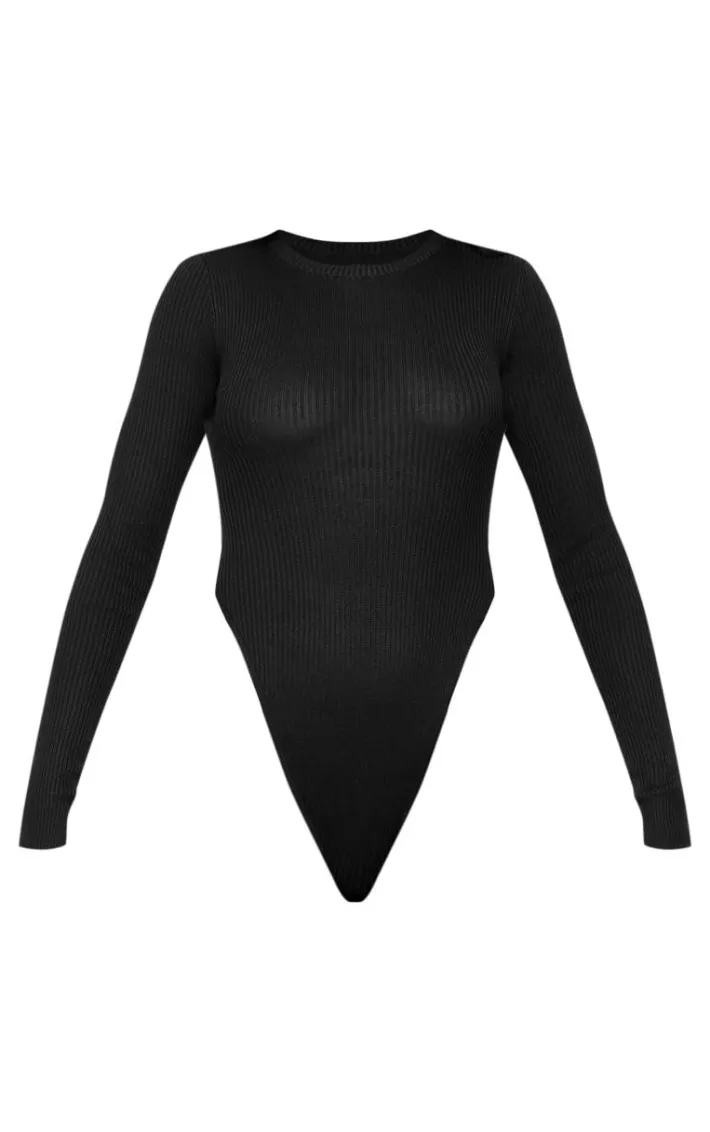 Black Ribbed Knit Long Sleeve Bodysuit