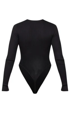 Black Ribbed Knit Long Sleeve Bodysuit