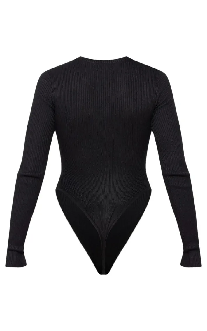 Black Ribbed Knit Long Sleeve Bodysuit