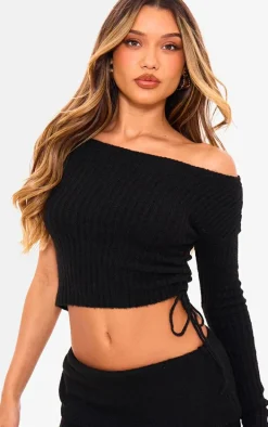 Black Ribbed Knit One Sleeve Ruched Side Top