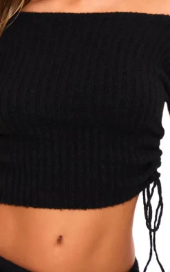 Black Ribbed Knit One Sleeve Ruched Side Top