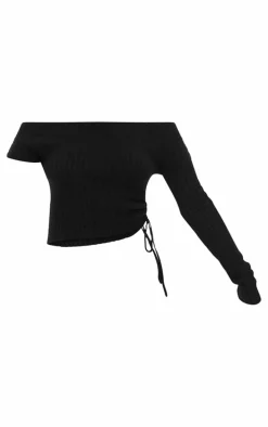 Black Ribbed Knit One Sleeve Ruched Side Top