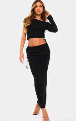 Black Ribbed Knit Ruched Fold Over Maxi Skirt