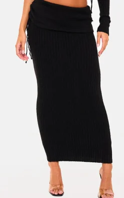 Black Ribbed Knit Ruched Fold Over Maxi Skirt