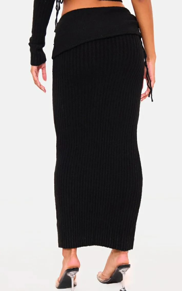 Black Ribbed Knit Ruched Fold Over Maxi Skirt