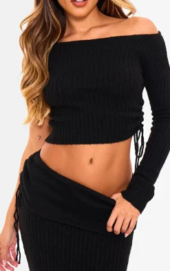 Black Ribbed Knit Ruched Fold Over Maxi Skirt
