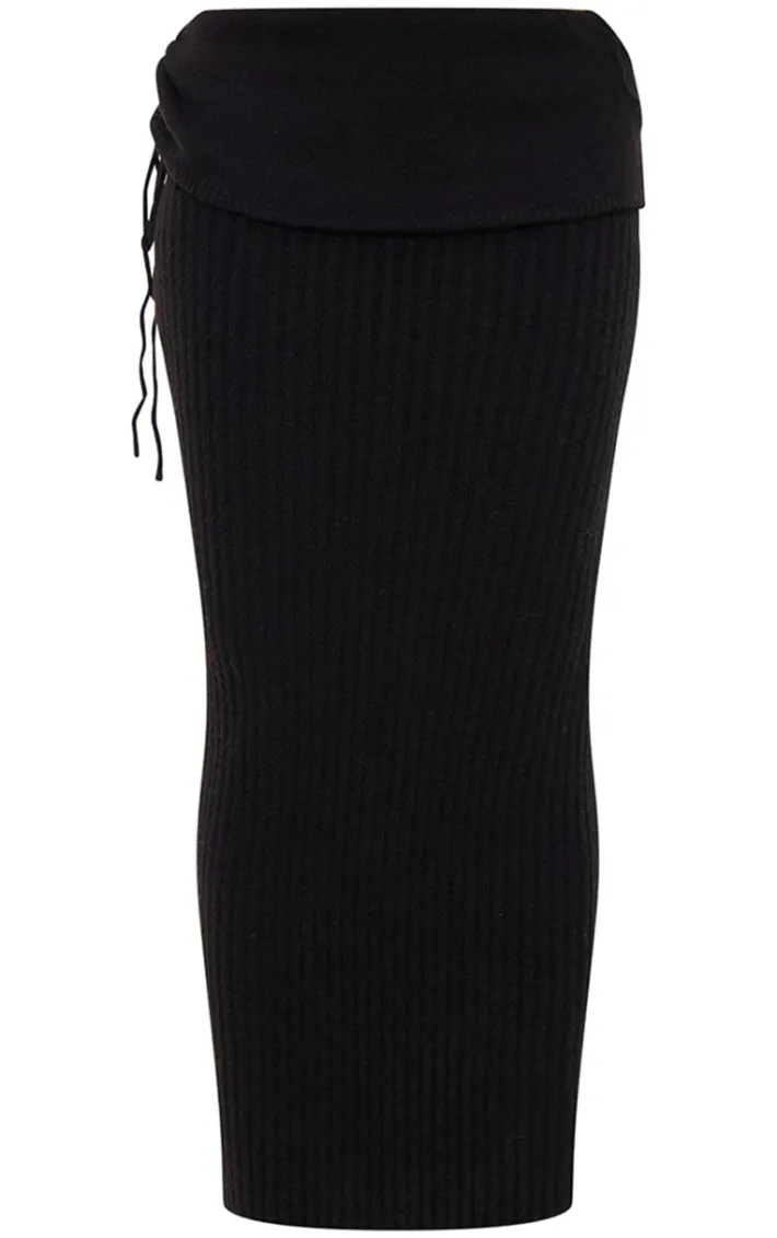 Black Ribbed Knit Ruched Fold Over Maxi Skirt