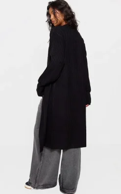 Black Ribbed Knitted Midi Cardigan