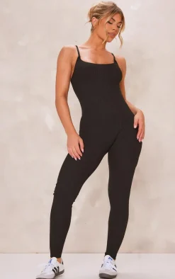 Black Ribbed Knitted Strappy Jumpsuit