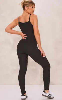 Black Ribbed Knitted Strappy Jumpsuit