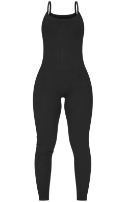 Black Ribbed Knitted Strappy Jumpsuit