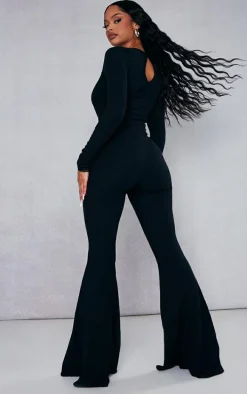 Black Ribbed Lace Trim Long Sleeve Flared Leg Jumpsuit