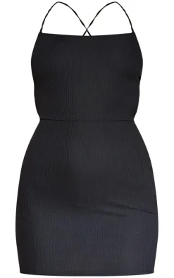 Black Ribbed Lace Up Back Bodycon Dress