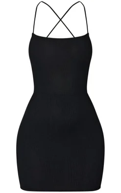 Black Ribbed Lace Up Back Bodycon Dress