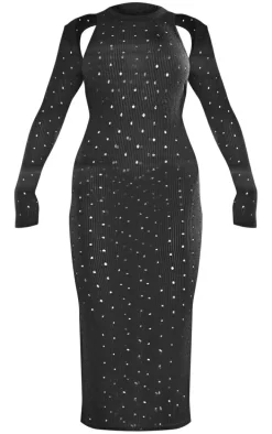 Black Ribbed Long Sleeve Cut Out Midi Dress