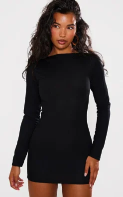 Black Ribbed Long Sleeve Bodycon Dress