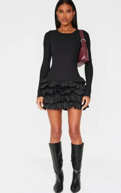 Black Ribbed Long Sleeve Frill Mini Dress