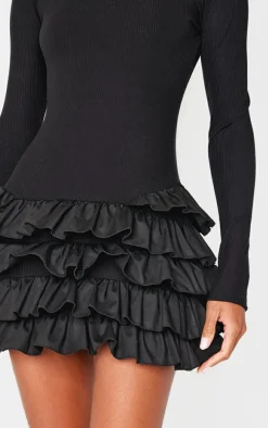Black Ribbed Long Sleeve Frill Mini Dress
