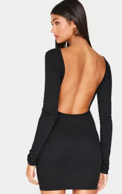 Black Ribbed Low Back Long Sleeve Bodycon Dress