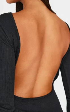 Black Ribbed Low Back Long Sleeve Bodycon Dress