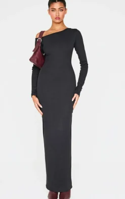 Black Ribbed One Shoulder Long Sleeve Maxi Dress