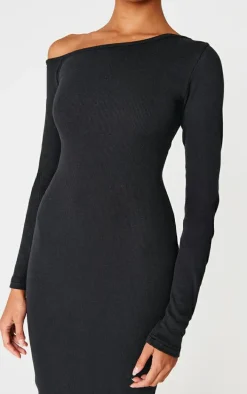 Black Ribbed One Shoulder Long Sleeve Maxi Dress