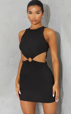 Black Ribbed Ring Detail Waist Cut Out Sleeveless Bodycon Dress